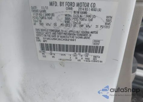 2012 Ford Escape Hybrid z USA, uszkodzony, nr VIN 1FMCU5K36CKB21691